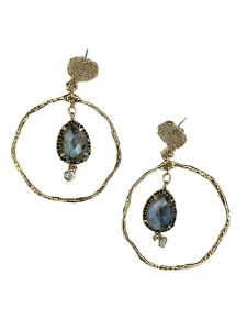 a set of earrings with a large hammered gold circle and pearlescent stones on the inside with a gold clasp